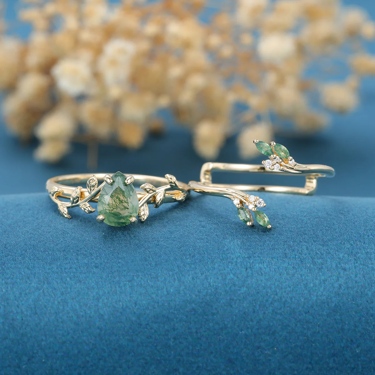 Inspired Pear cut  Moss Agate Solid Gold Wedding Bridal Set - Image 4