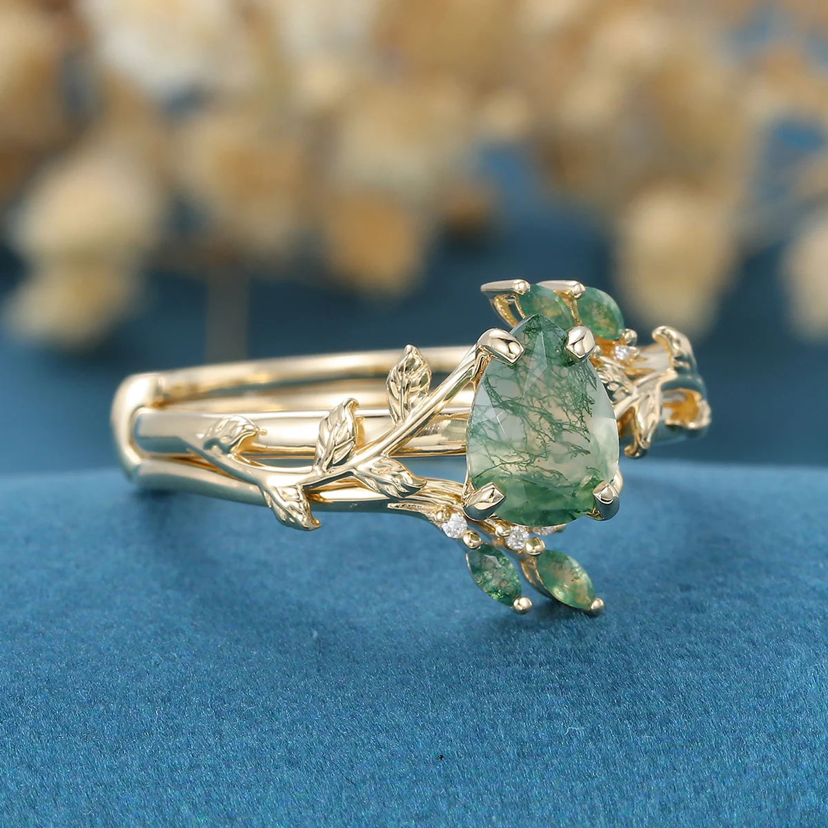 Inspired Pear cut  Moss Agate Solid Gold Wedding Bridal Set - Image 5
