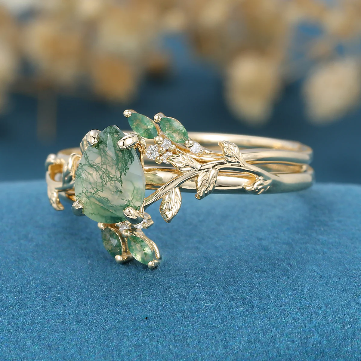 Inspired Pear cut  Moss Agate Solid Gold Wedding Bridal Set - Image 6