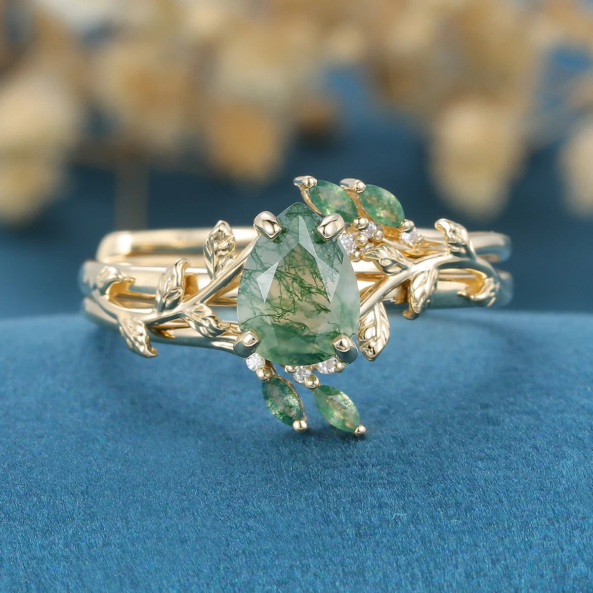 Inspired Pear cut  Moss Agate Solid Gold Wedding Bridal Set - Image 7