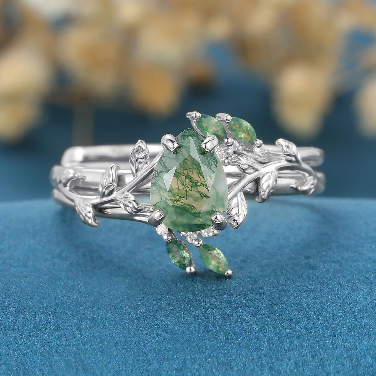 Inspired Pear cut  Moss Agate Solid Gold Wedding Bridal Set - Image 8