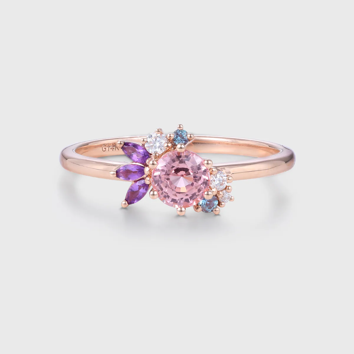 Inspired Round cut Lab Grown Pink Sapphire Matching Diamond | Amethyst Solid Gold Engagement Ring
