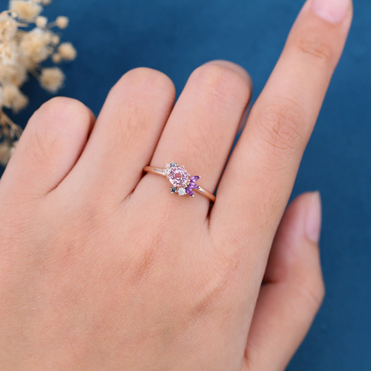 Inspired Round cut Lab Grown Pink Sapphire Matching Diamond | Amethyst Solid Gold Engagement Ring - Image 2