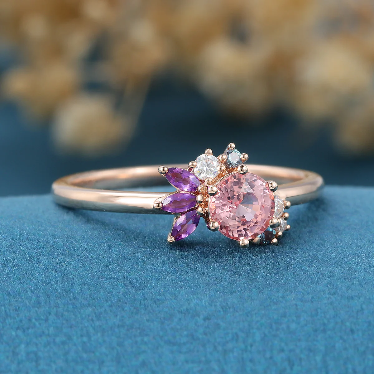 Inspired Round cut Lab Grown Pink Sapphire Matching Diamond | Amethyst Solid Gold Engagement Ring - Image 3