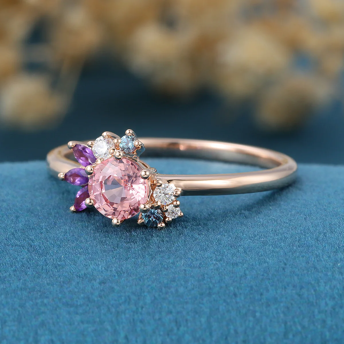 Inspired Round cut Lab Grown Pink Sapphire Matching Diamond | Amethyst Solid Gold Engagement Ring - Image 6