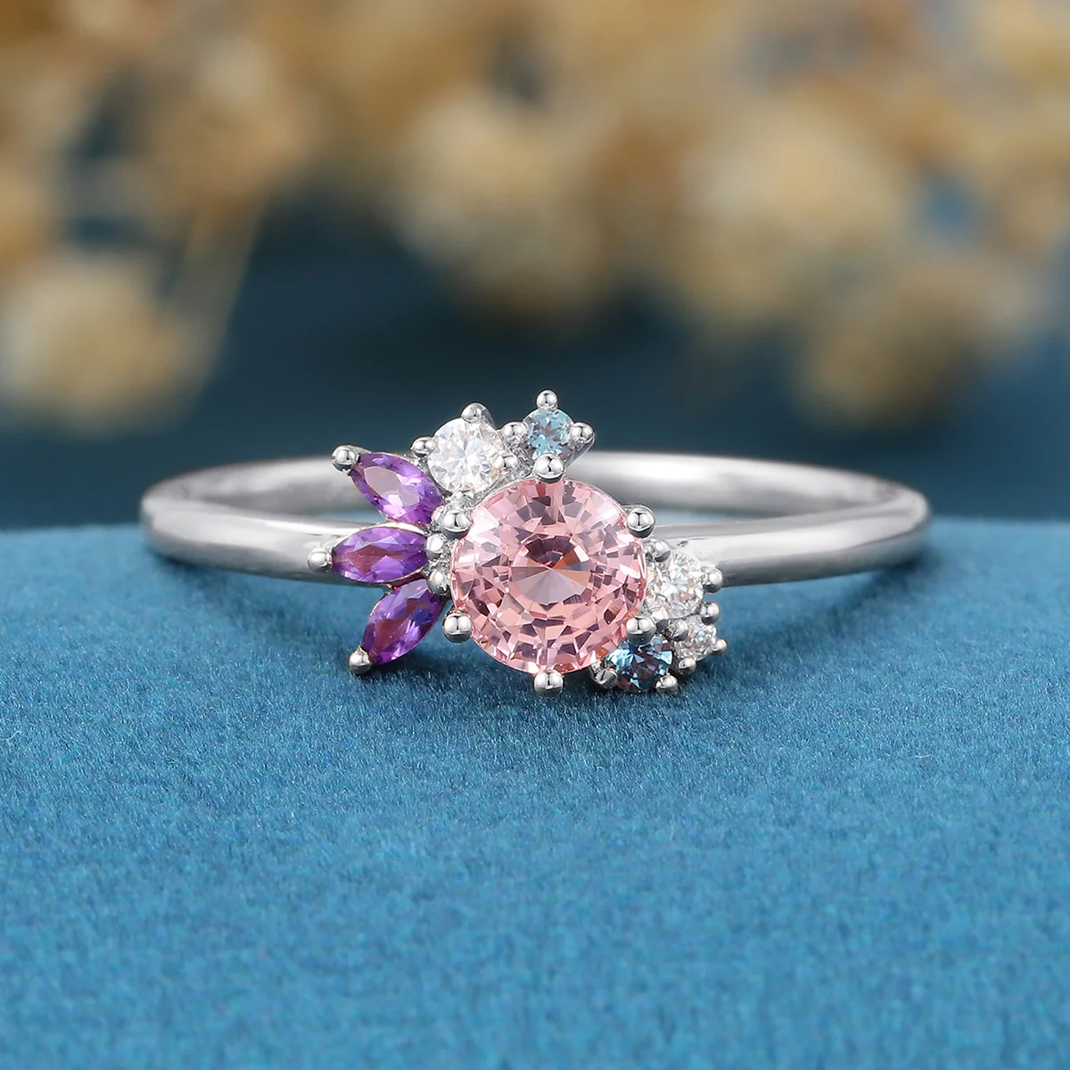 Inspired Round cut Lab Grown Pink Sapphire Matching Diamond | Amethyst Solid Gold Engagement Ring - Image 7
