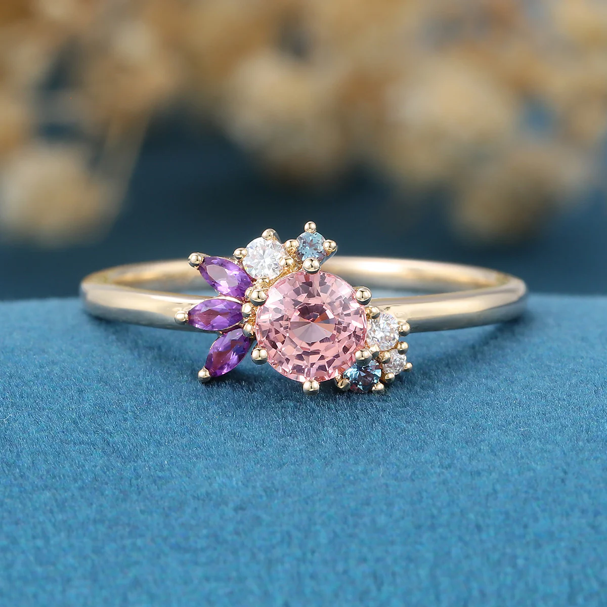Inspired Round cut Lab Grown Pink Sapphire Matching Diamond | Amethyst Solid Gold Engagement Ring - Image 8