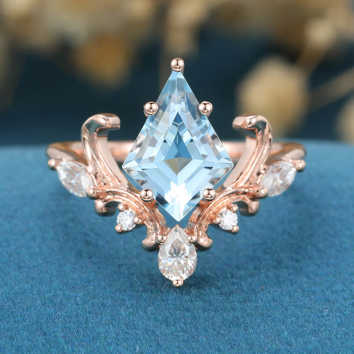 Kite Cut Aquamarine Rose Gold Engagement Ring - Image 3