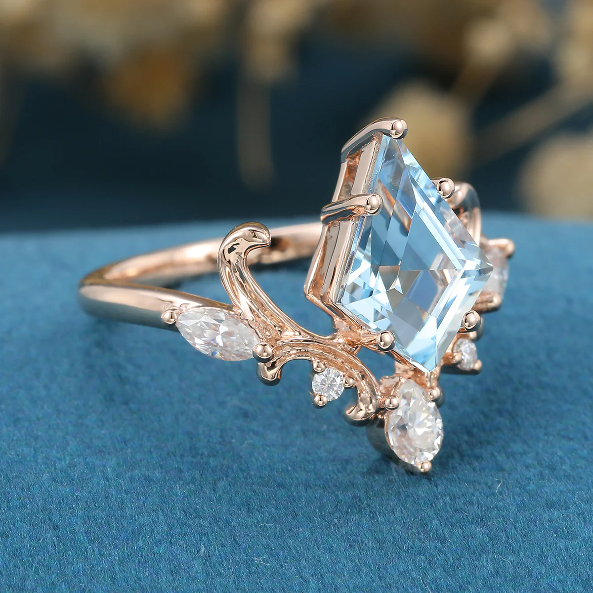 Kite Cut Aquamarine Rose Gold Engagement Ring - Image 4