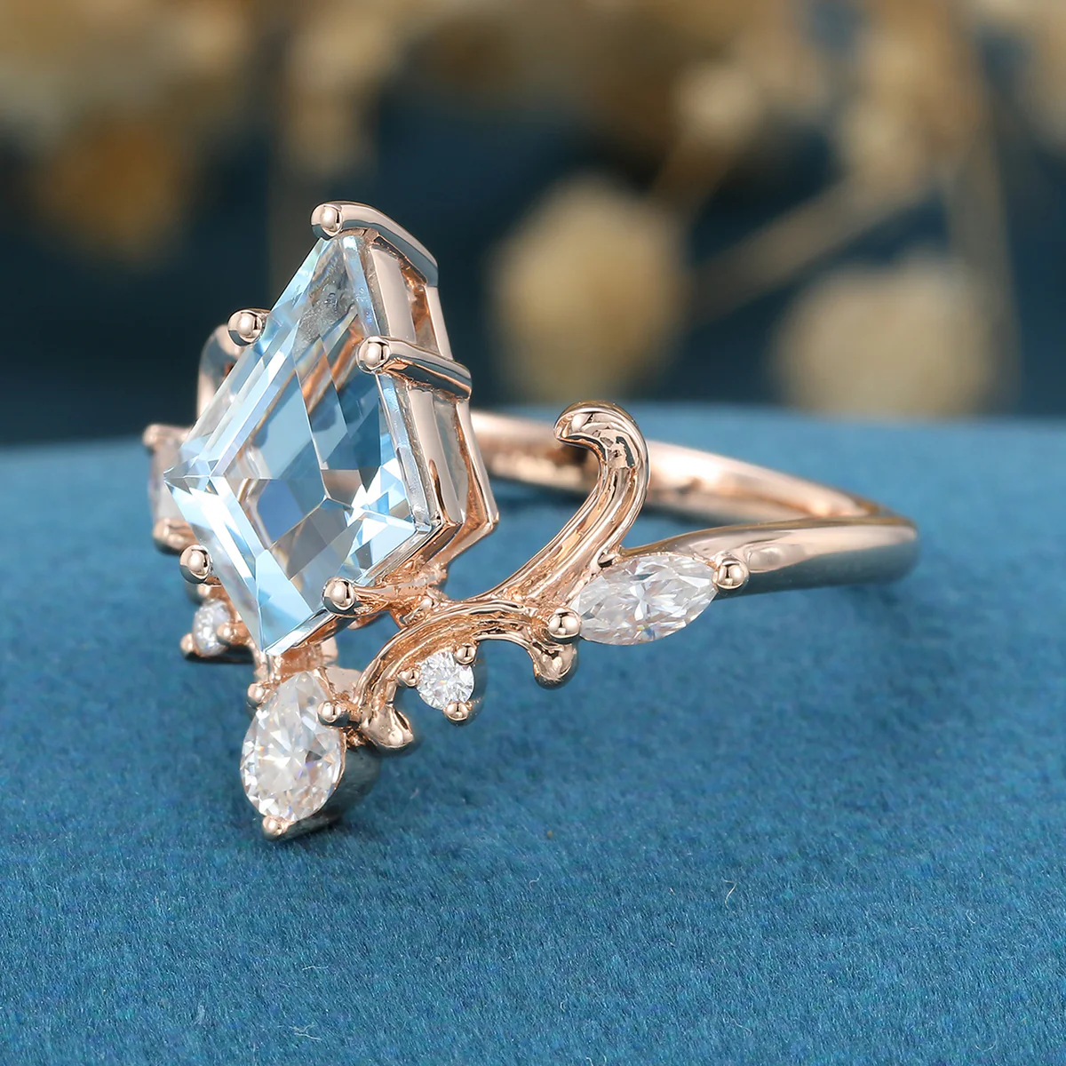 Kite Cut Aquamarine Rose Gold Engagement Ring - Image 5