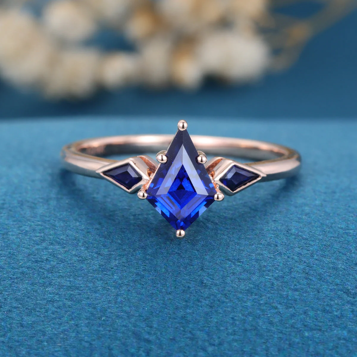 Kite Cut Lab Sapphire Yellow Gold Engagement Ring - Image 10