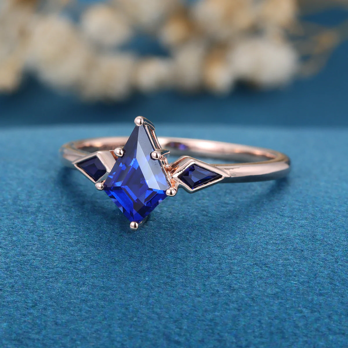 Kite Cut Lab Sapphire Yellow Gold Engagement Ring - Image 11