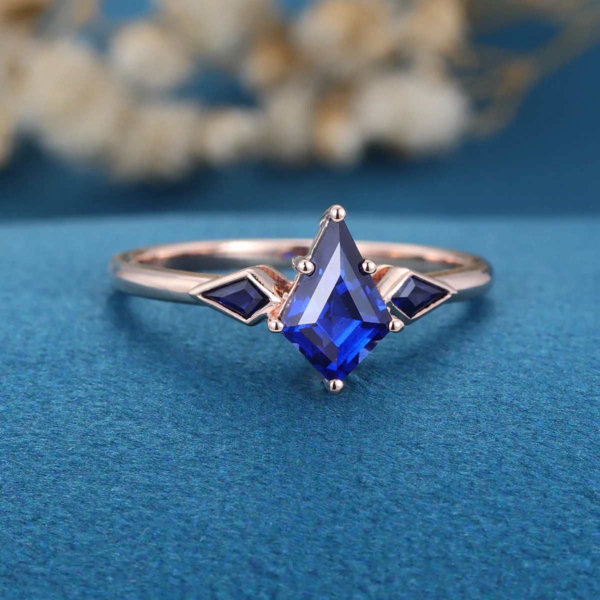 Kite Cut Lab Sapphire Yellow Gold Engagement Ring - Image 12