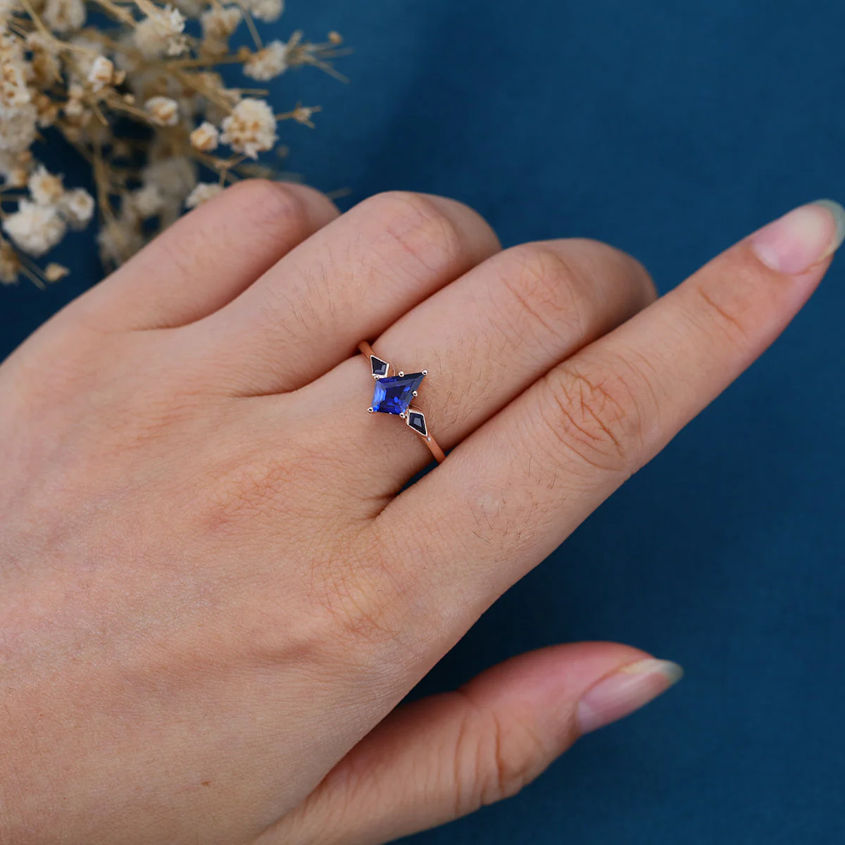 Kite Cut Lab Sapphire Yellow Gold Engagement Ring - Image 14