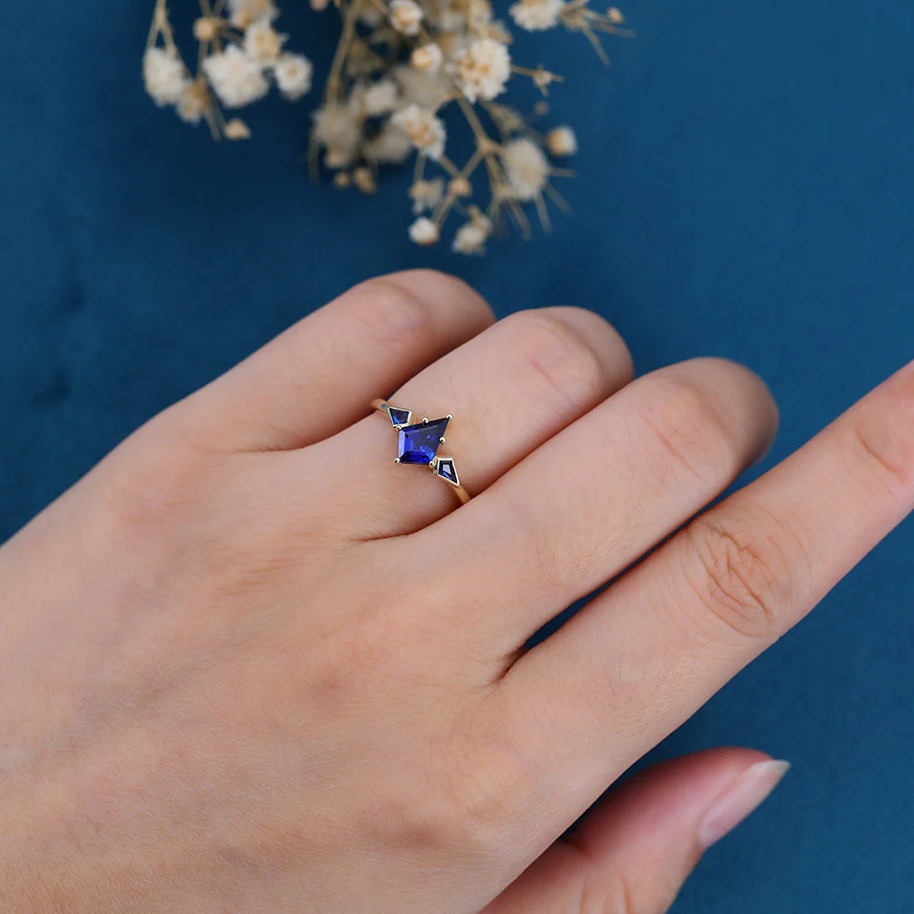 Kite Cut Lab Sapphire Yellow Gold Engagement Ring - Image 2