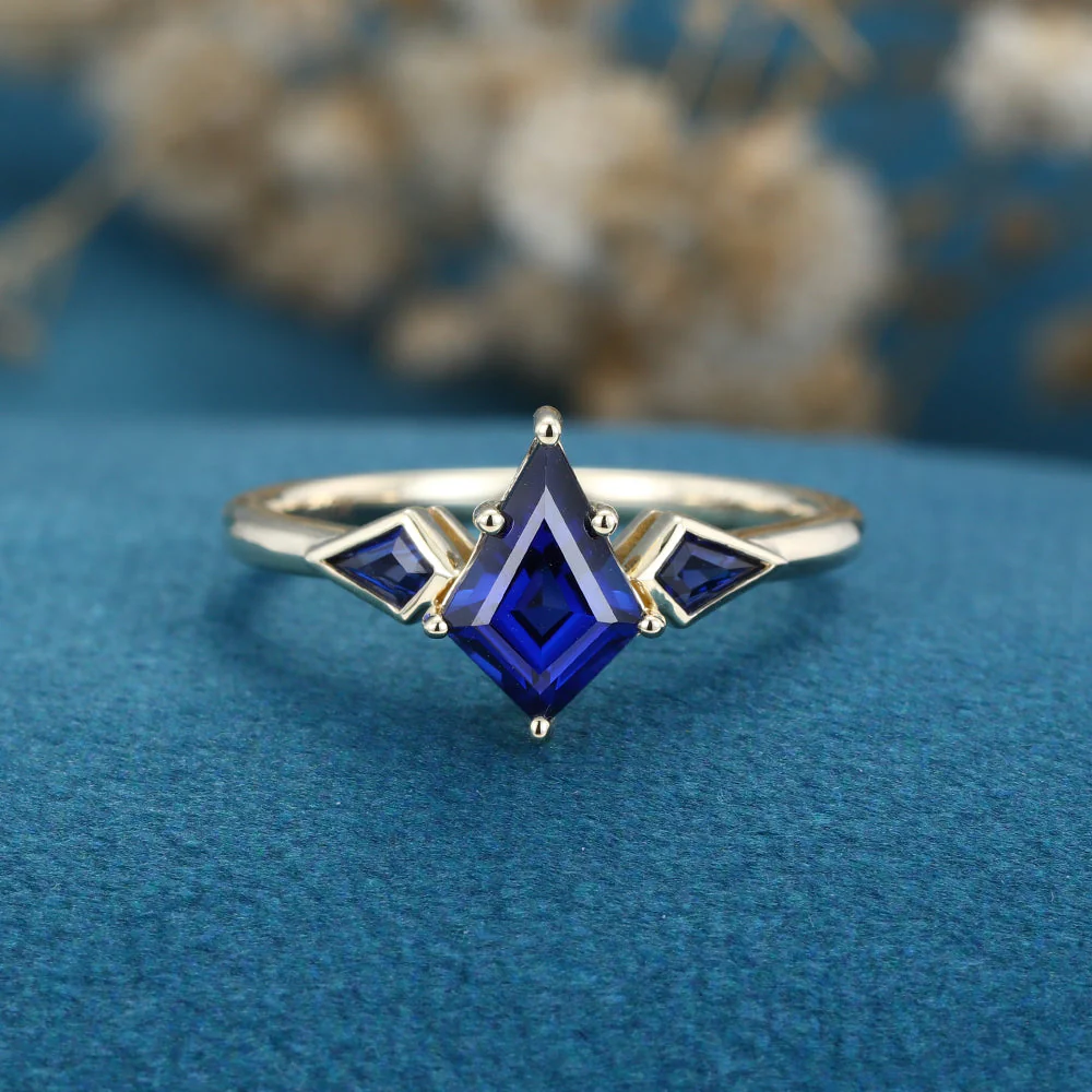 Kite Cut Lab Sapphire Yellow Gold Engagement Ring - Image 3