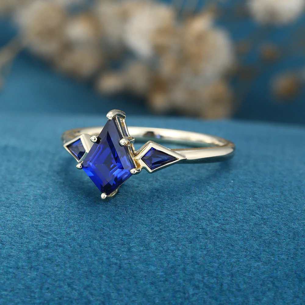 Kite Cut Lab Sapphire Yellow Gold Engagement Ring - Image 4