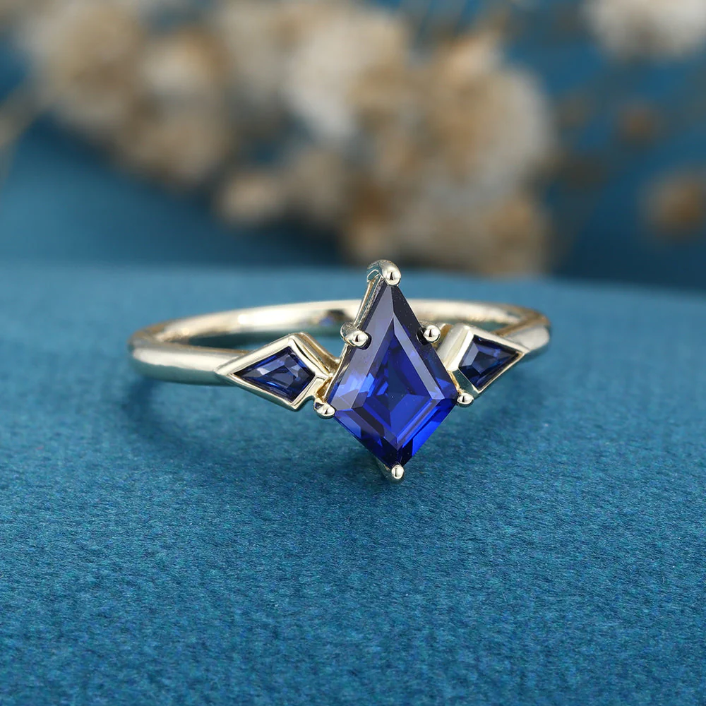 Kite Cut Lab Sapphire Yellow Gold Engagement Ring - Image 5