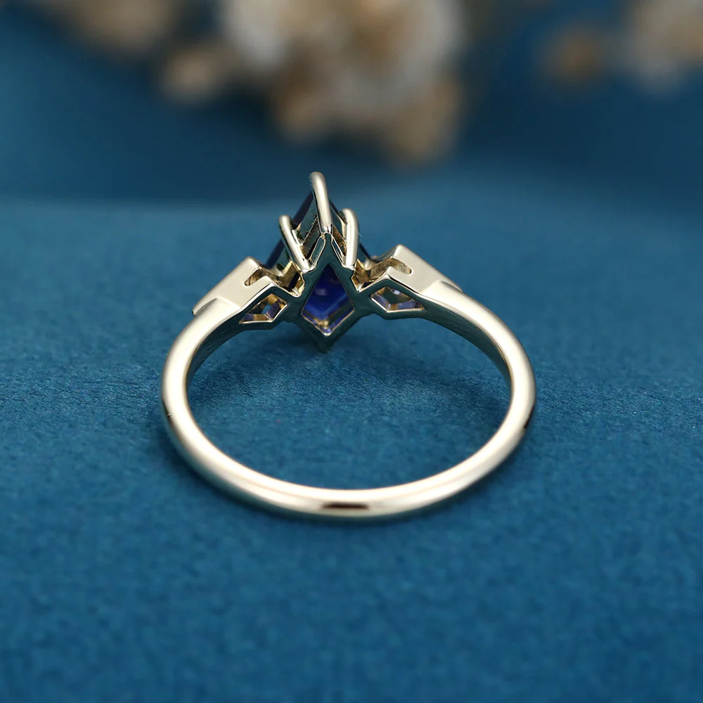 Kite Cut Lab Sapphire Yellow Gold Engagement Ring - Image 6