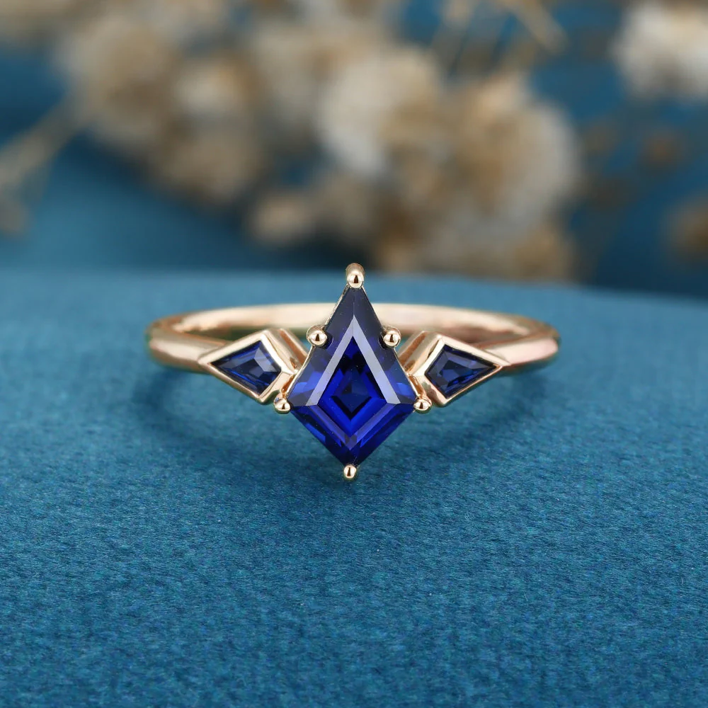 Kite Cut Lab Sapphire Yellow Gold Engagement Ring - Image 7