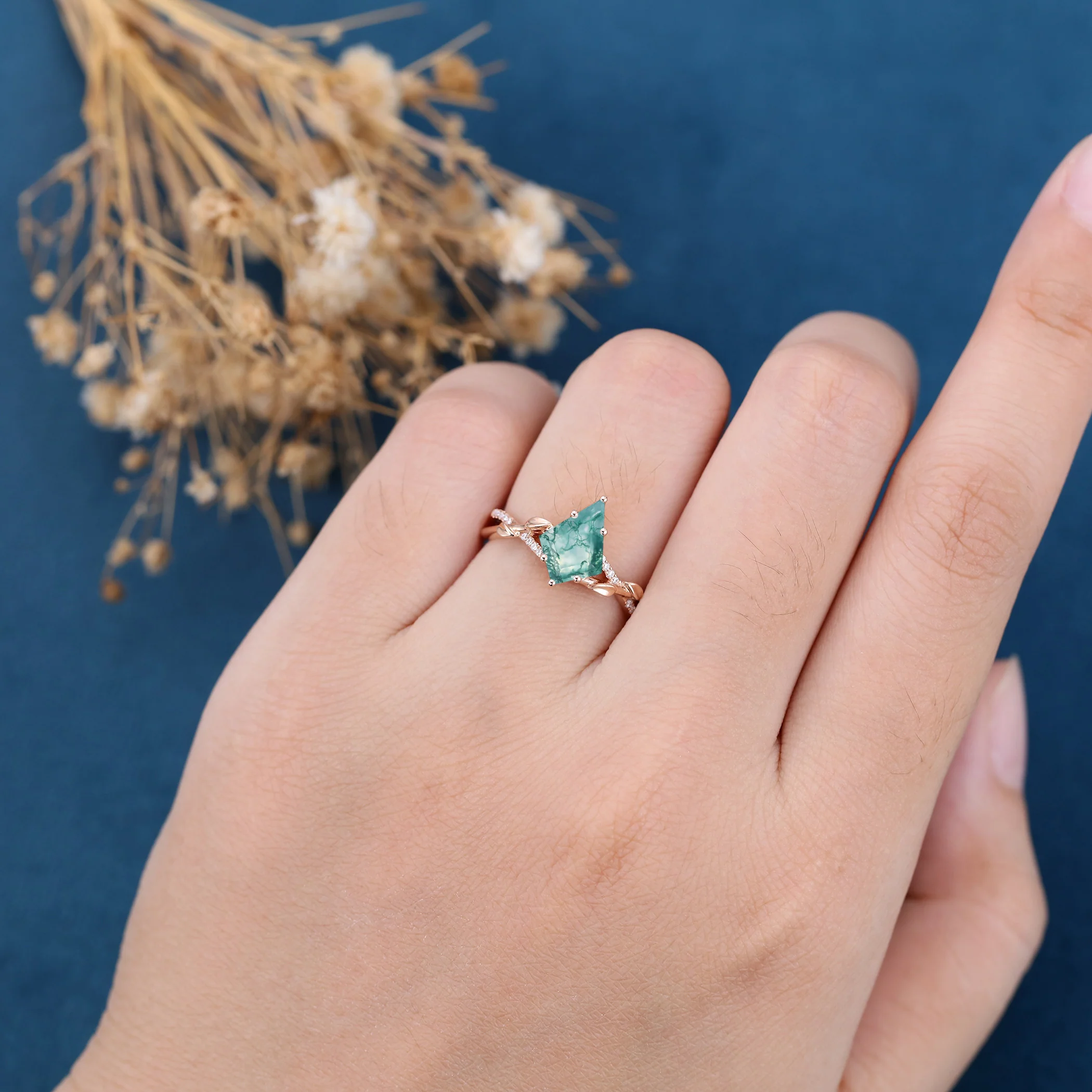 Kite Cut Natural Green Moss Agate Cluster Engagement Ring - Image 2