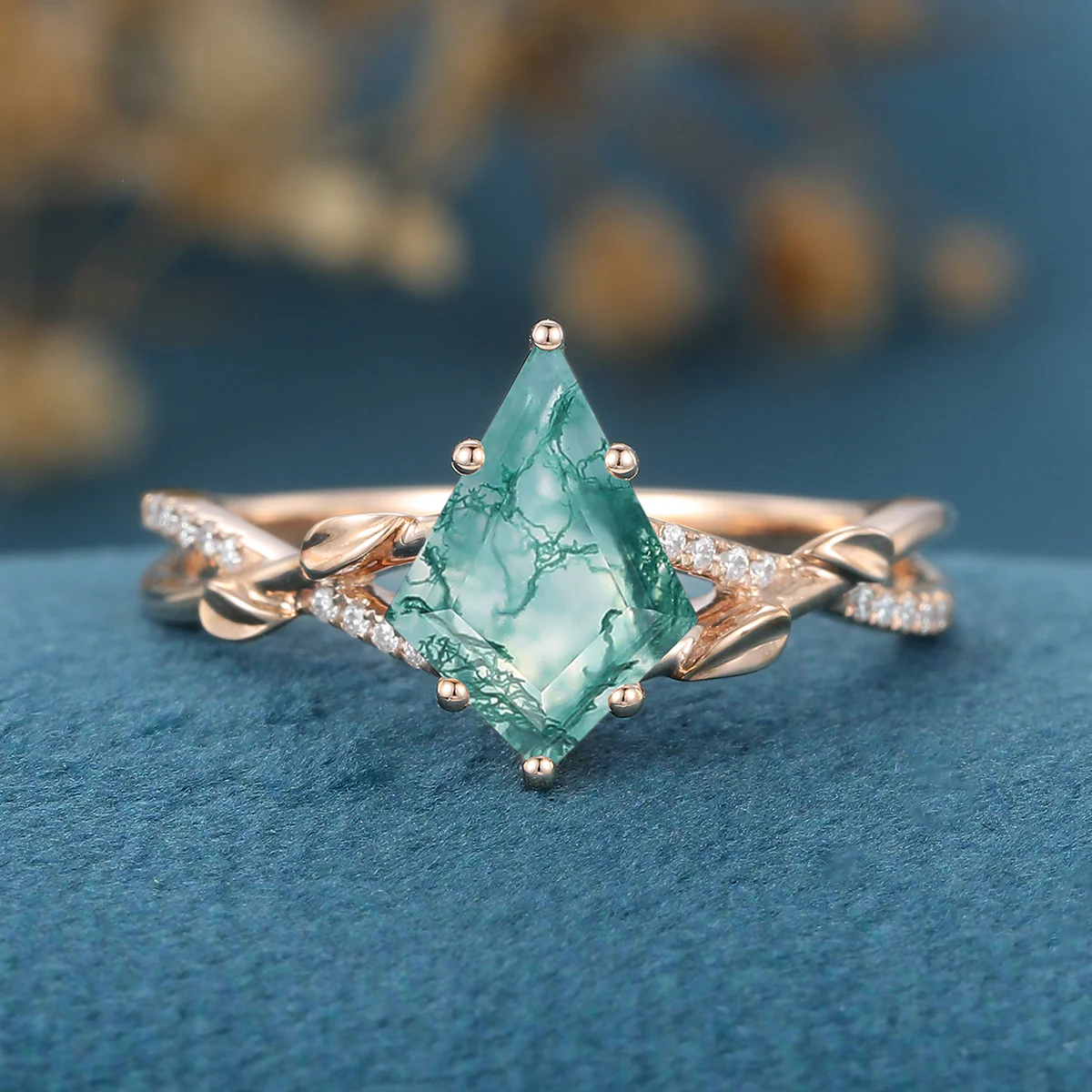 Kite Cut Natural Green Moss Agate Cluster Engagement Ring - Image 3