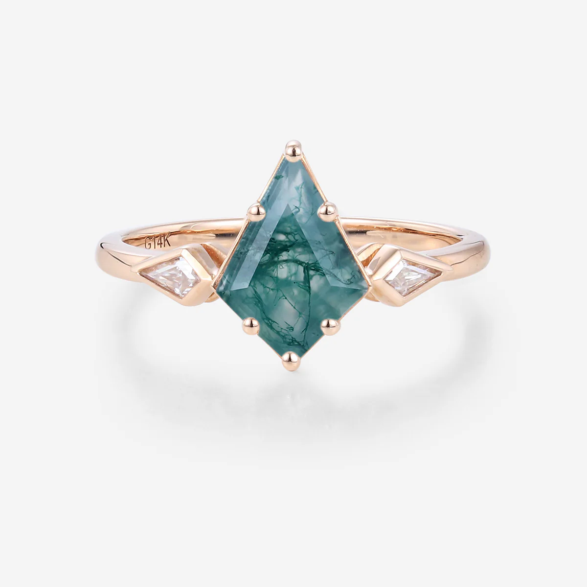 Kite Cut Natural Green Moss Agate Cluster Engagement Ring