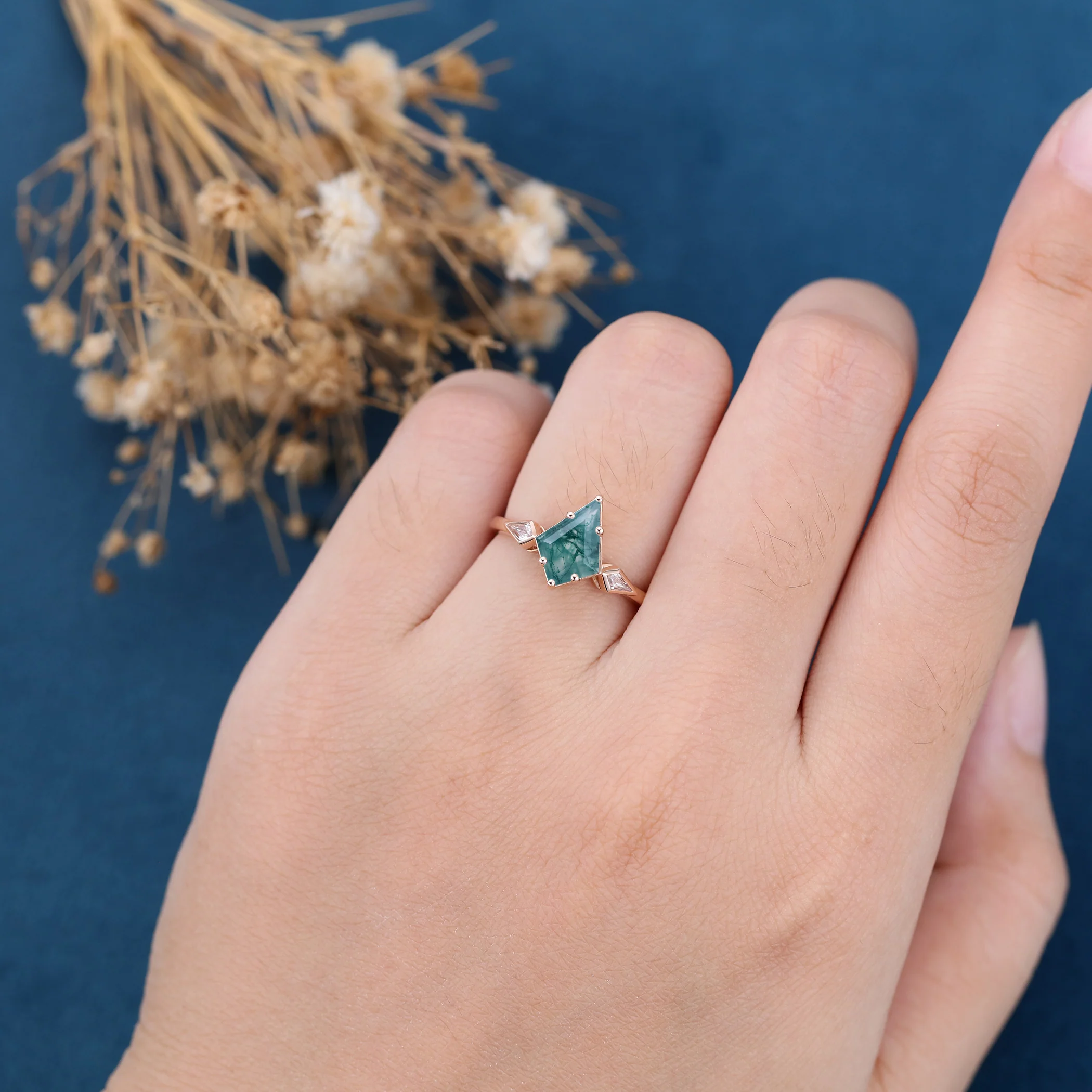Kite Cut Natural Green Moss Agate Cluster Engagement Ring - Image 2