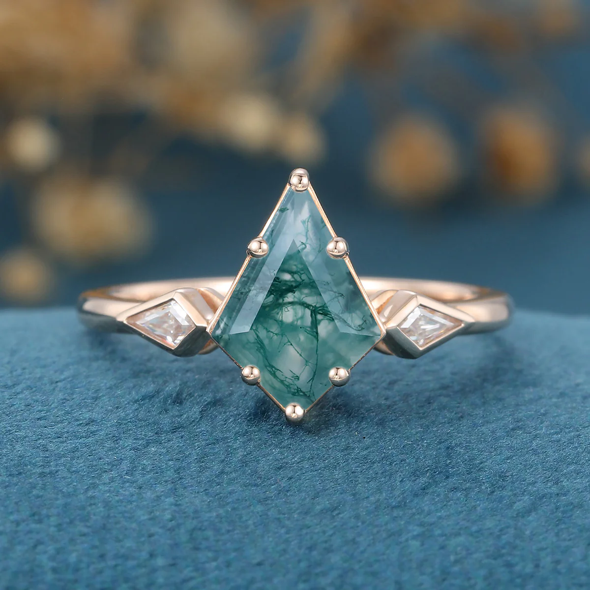 Kite Cut Natural Green Moss Agate Cluster Engagement Ring - Image 3