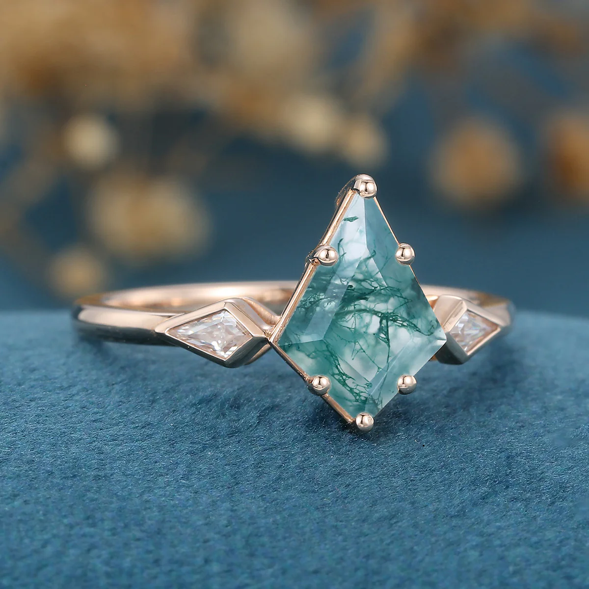 Kite Cut Natural Green Moss Agate Cluster Engagement Ring - Image 5