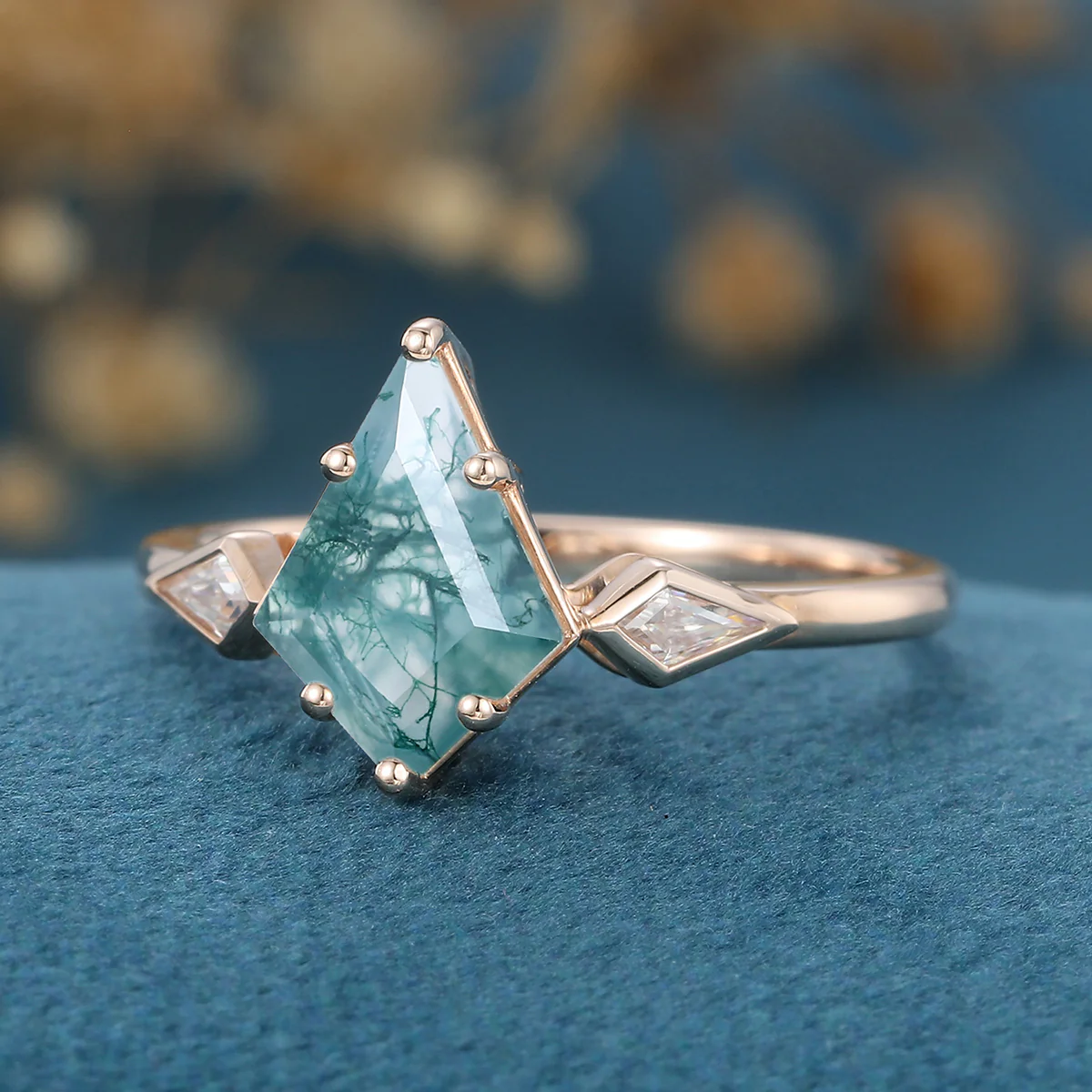 Kite Cut Natural Green Moss Agate Cluster Engagement Ring - Image 6