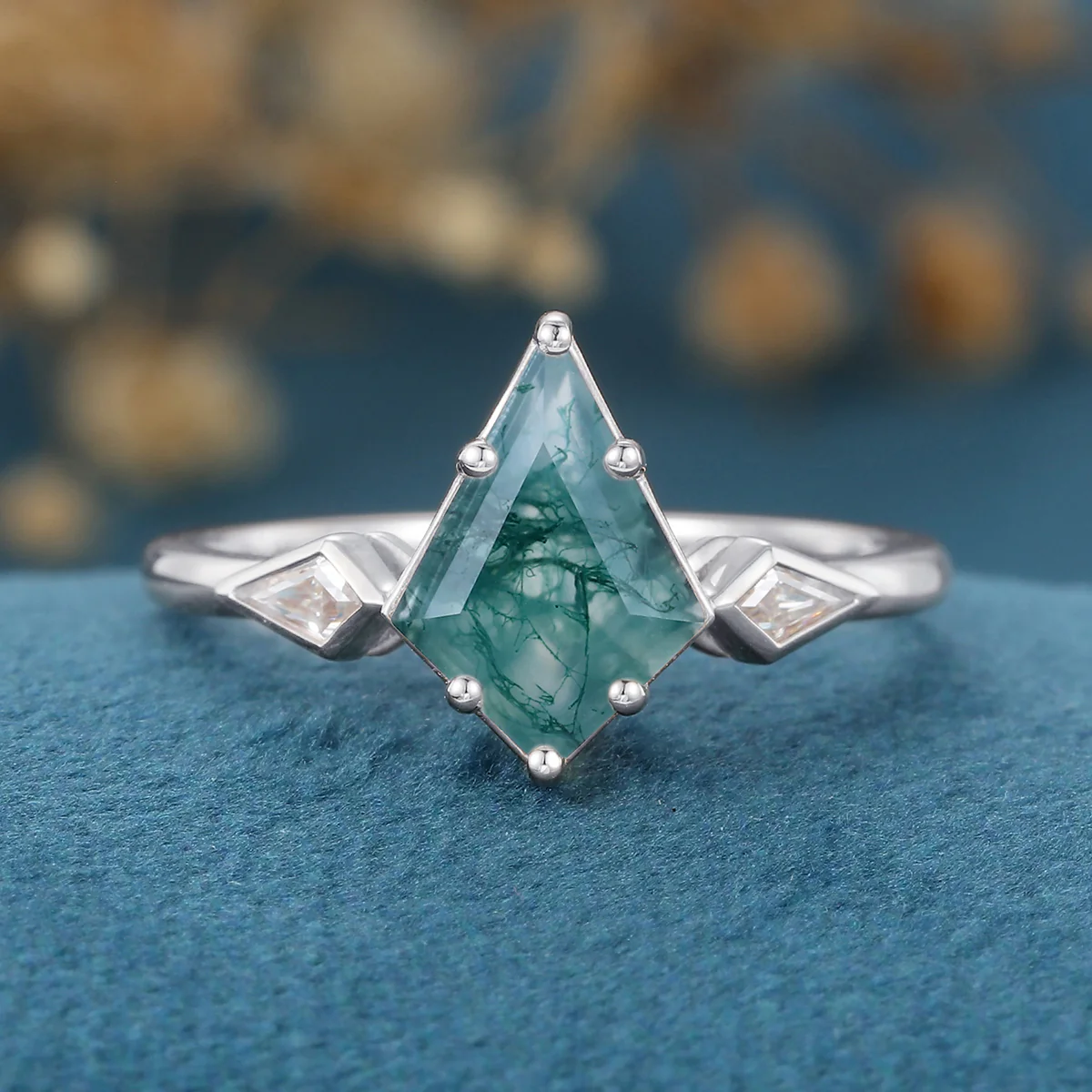Kite Cut Natural Green Moss Agate Cluster Engagement Ring - Image 7