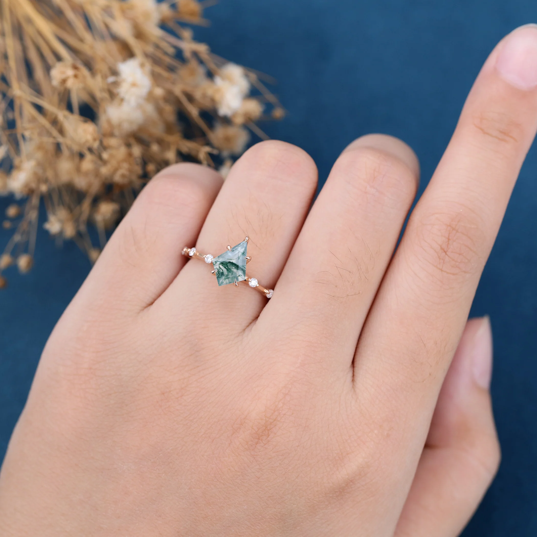 Kite Cut Natural Green Moss Agate Cluster Engagement Ring - Image 2