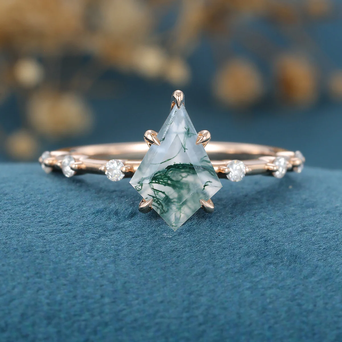 Kite Cut Natural Green Moss Agate Cluster Engagement Ring - Image 3