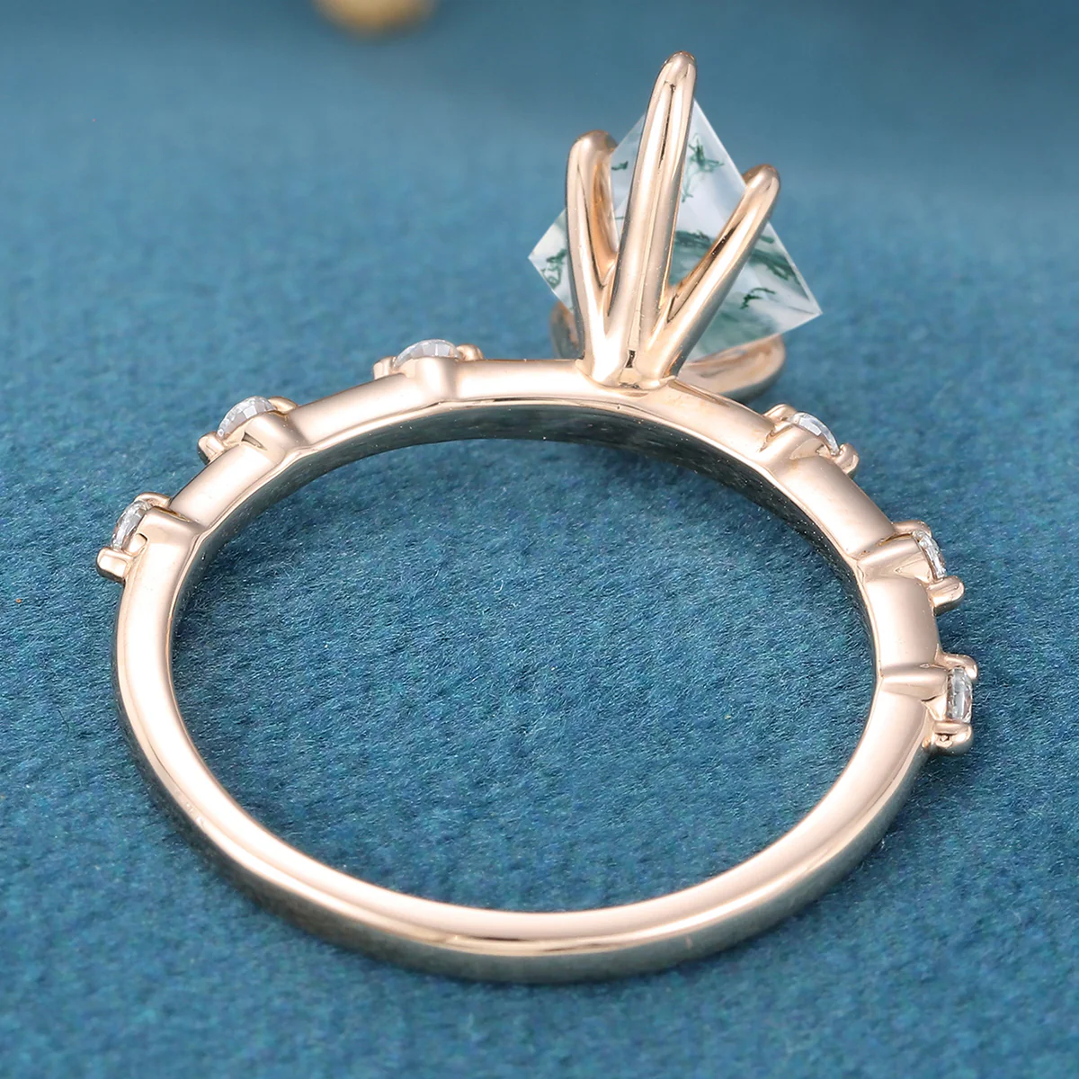 Kite Cut Natural Green Moss Agate Cluster Engagement Ring - Image 4