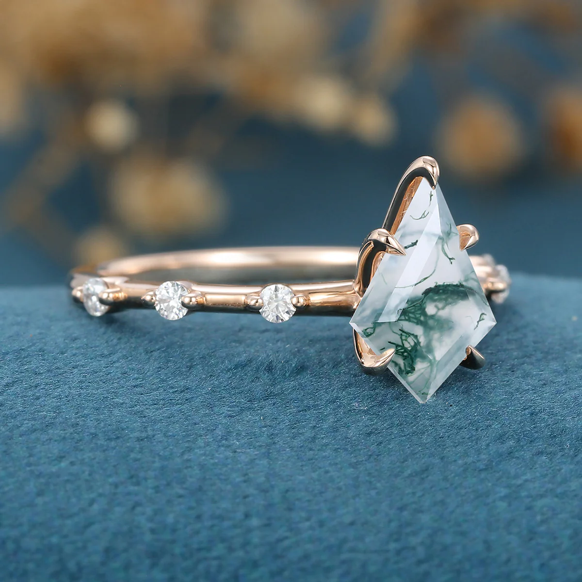 Kite Cut Natural Green Moss Agate Cluster Engagement Ring - Image 5