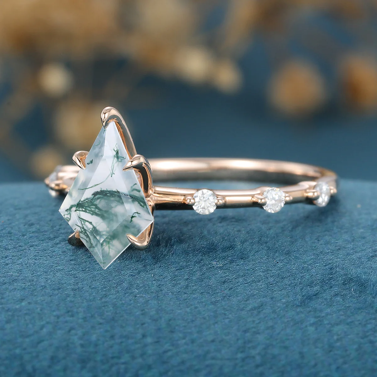 Kite Cut Natural Green Moss Agate Cluster Engagement Ring - Image 6