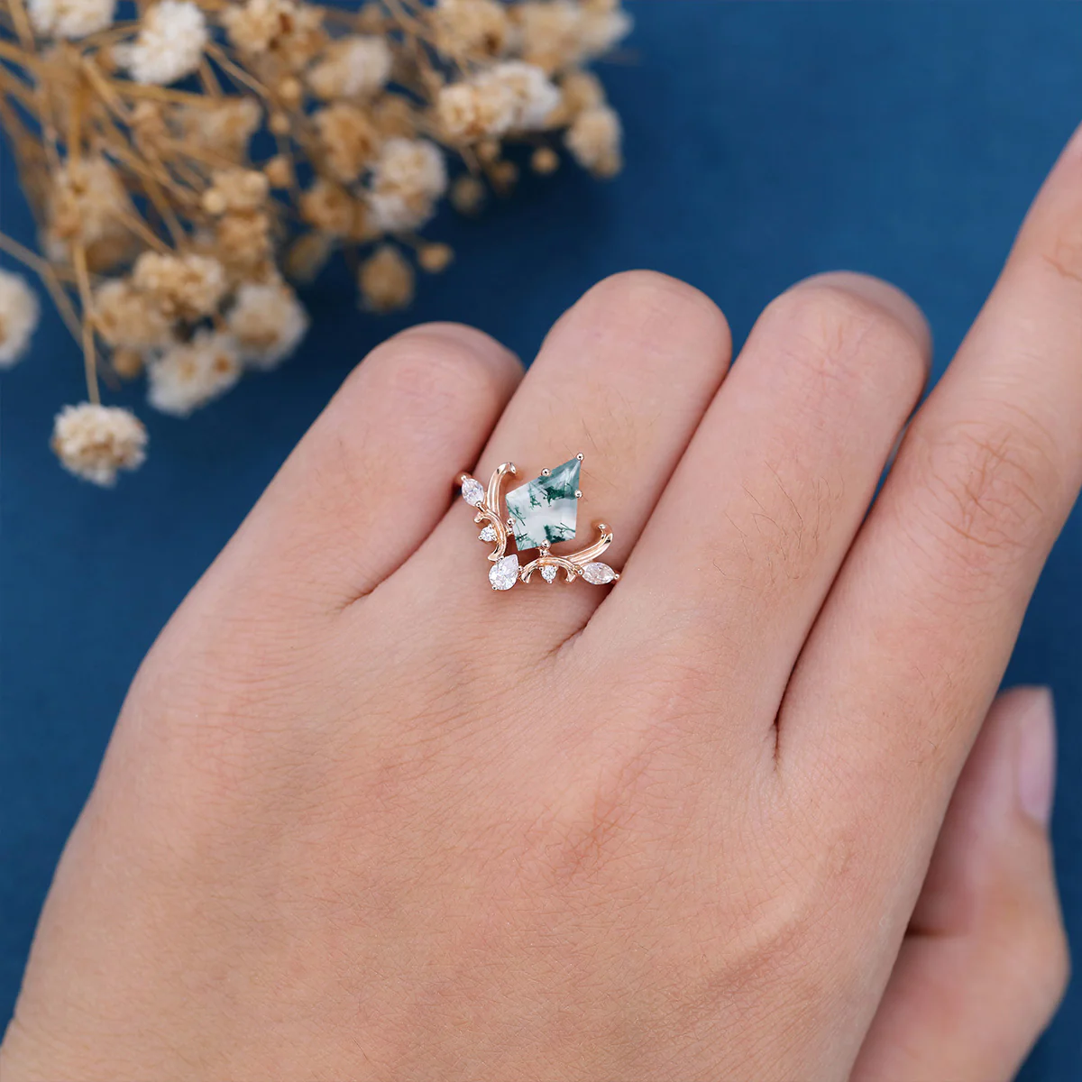 Kite Cut Natural Green Moss Agate Cluster Engagement Ring - Image 2