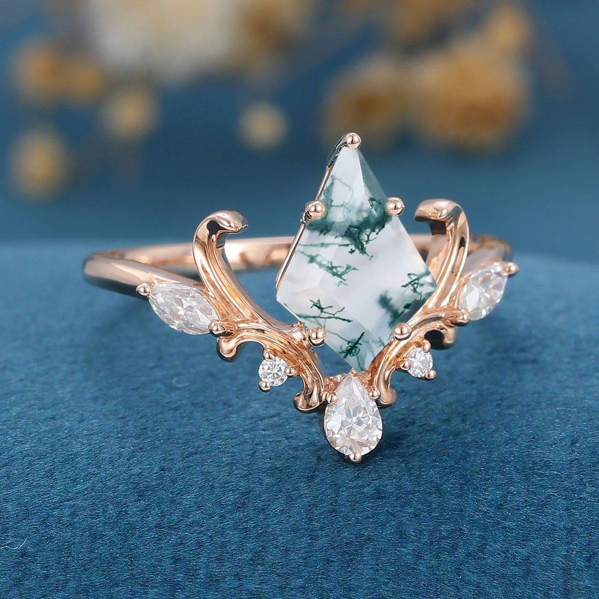 Kite Cut Natural Green Moss Agate Cluster Engagement Ring - Image 4