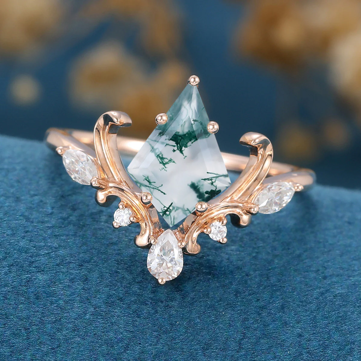 Kite Cut Natural Green Moss Agate Cluster Engagement Ring - Image 5