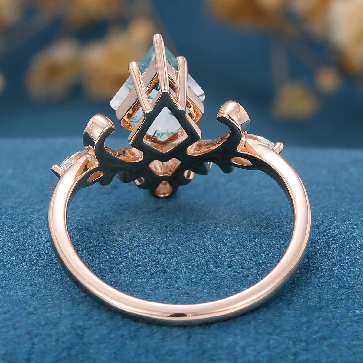 Kite Cut Natural Green Moss Agate Cluster Engagement Ring - Image 6