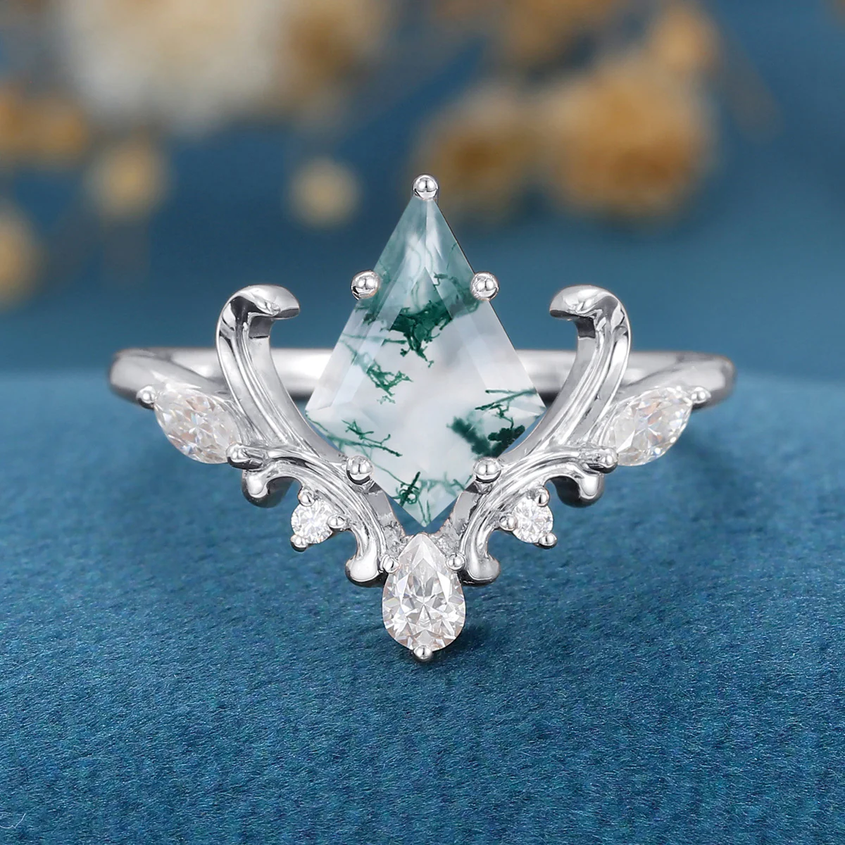 Kite Cut Natural Green Moss Agate Cluster Engagement Ring - Image 7