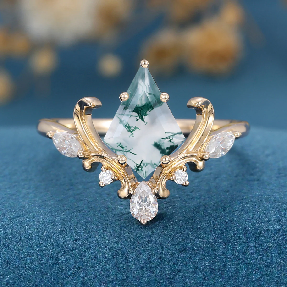 Kite Cut Natural Green Moss Agate Cluster Engagement Ring - Image 8