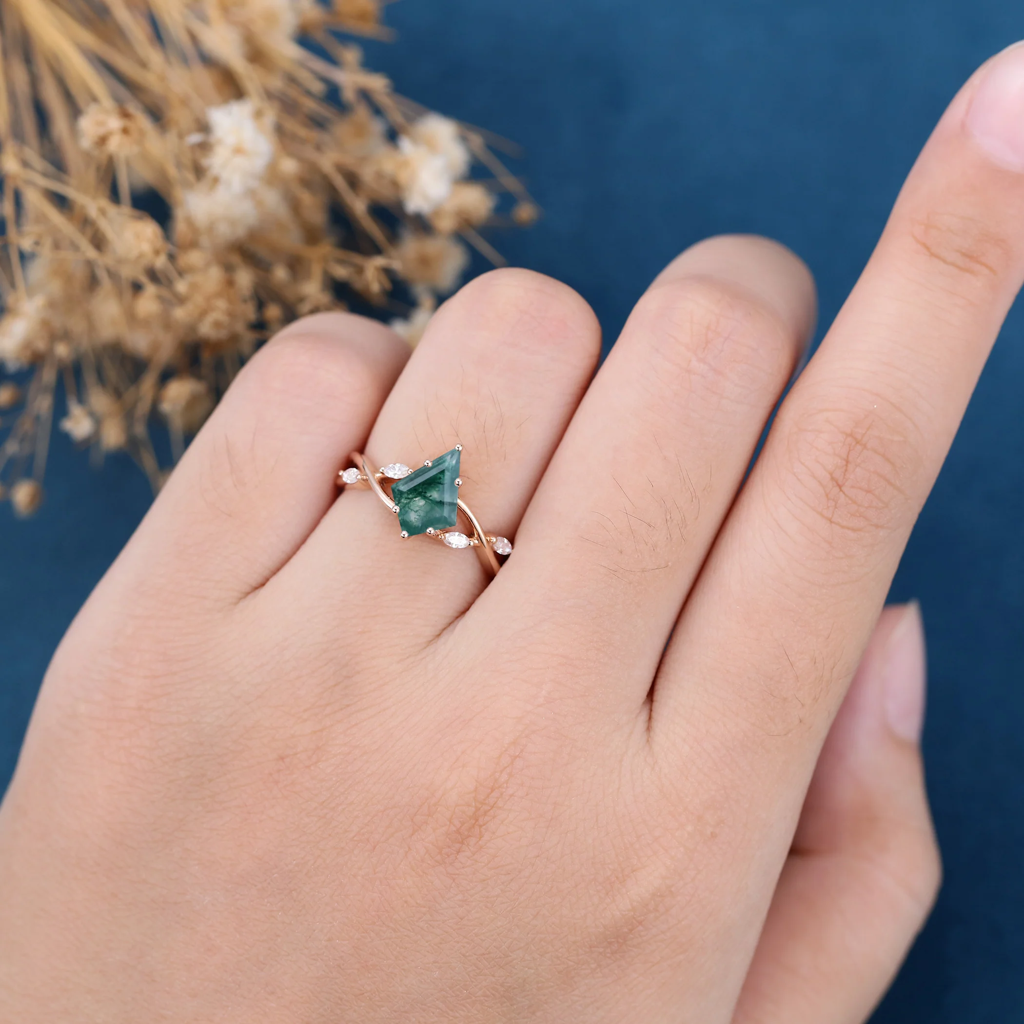 Kite Cut Natural Green Moss Agate Cluster Engagement Ring - Image 2