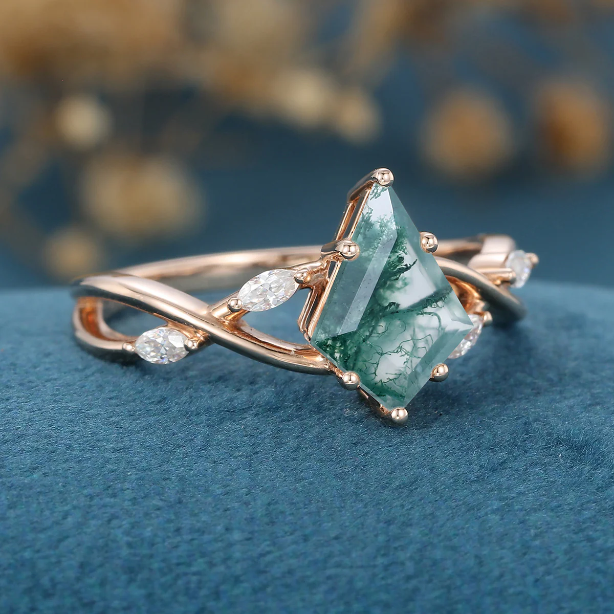 Kite Cut Natural Green Moss Agate Cluster Engagement Ring - Image 5