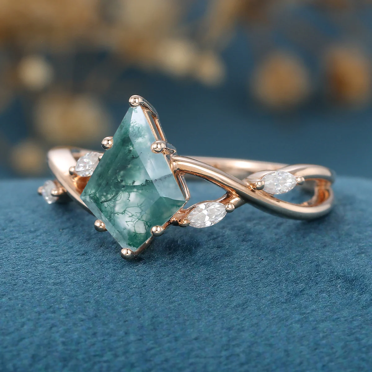 Kite Cut Natural Green Moss Agate Cluster Engagement Ring - Image 6