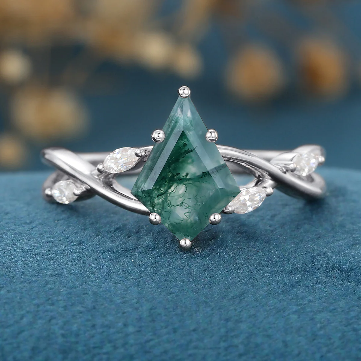 Kite Cut Natural Green Moss Agate Cluster Engagement Ring - Image 7
