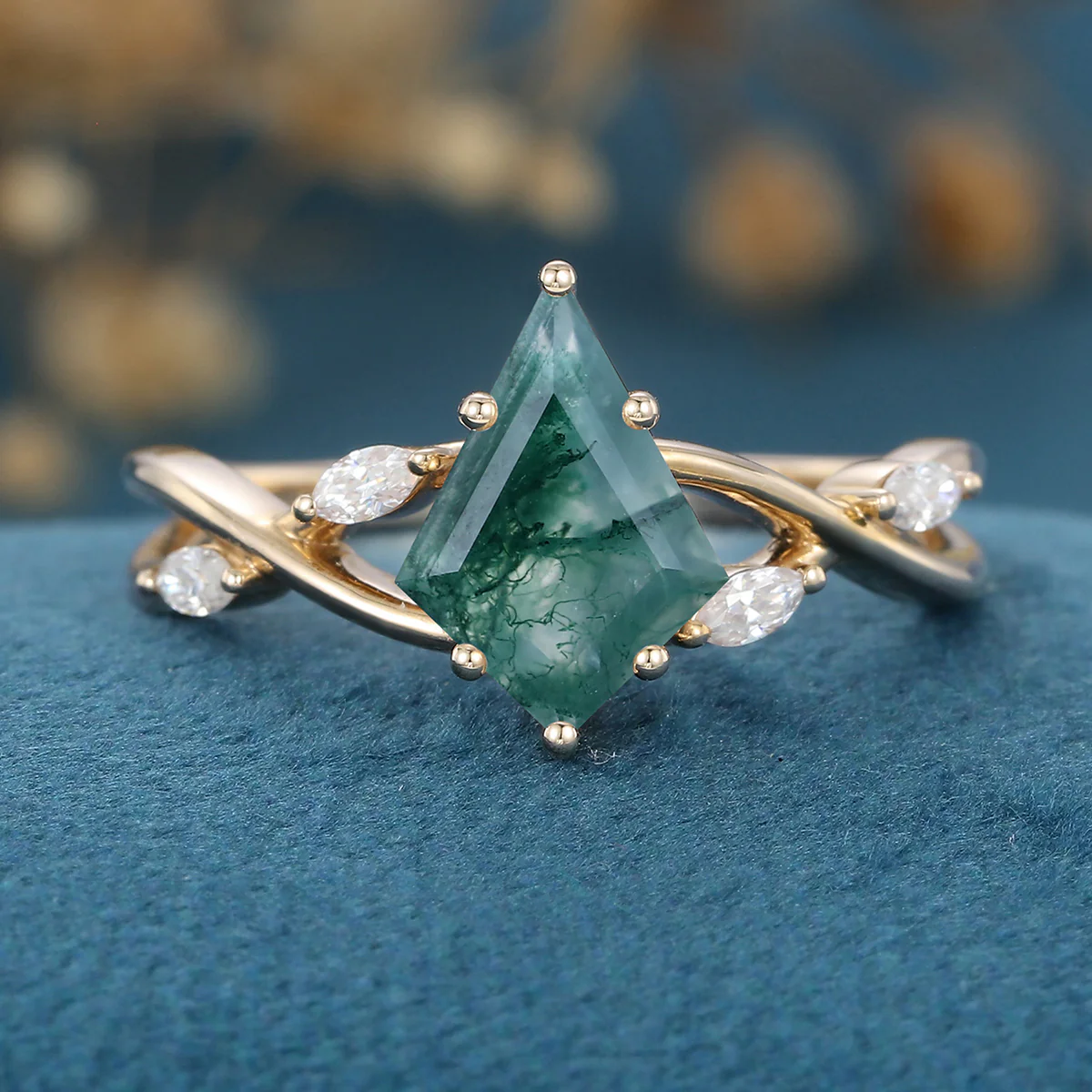 Kite Cut Natural Green Moss Agate Cluster Engagement Ring - Image 8