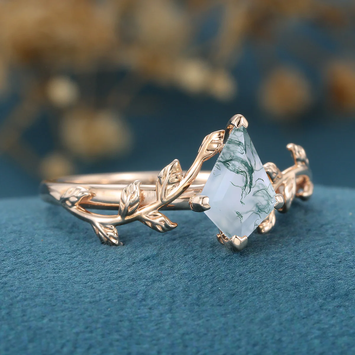 Kite Cut Natural Green Moss Agate Cluster Engagement Ring - Image 3