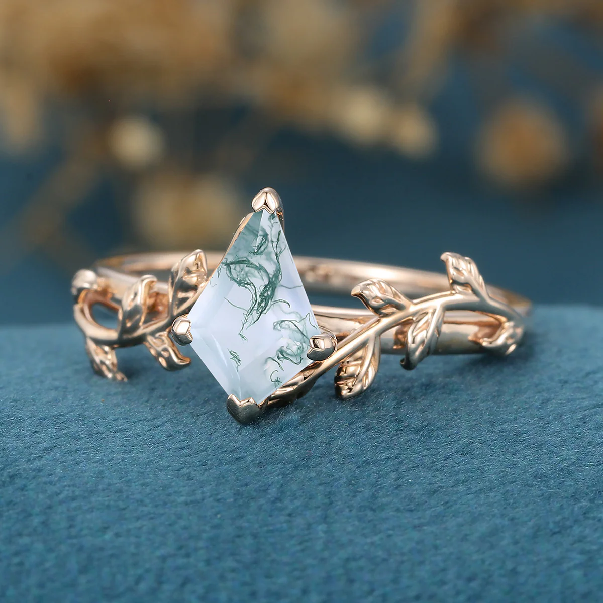 Kite Cut Natural Green Moss Agate Cluster Engagement Ring - Image 4